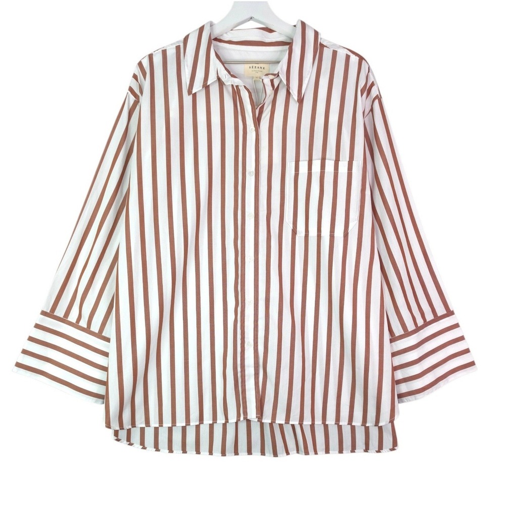 Sezane Bilma Shirt Womens 16 Organic Cotton Camel White Striped Button Down - Picture 3 of 11